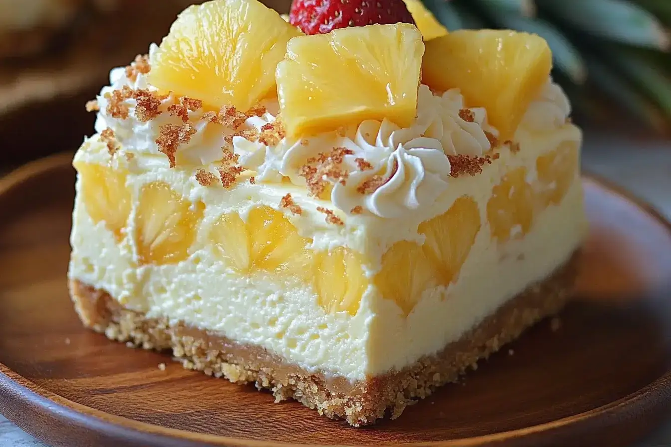 Pineapple Heaven Cheesecake topped with fresh pineapple
