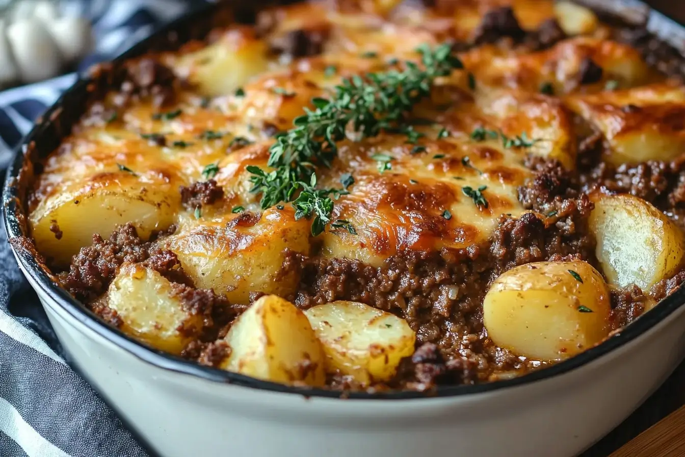 A hearty Hobo Casserole with golden potatoes, ground beef, and melted cheese, garnished with fresh thyme.