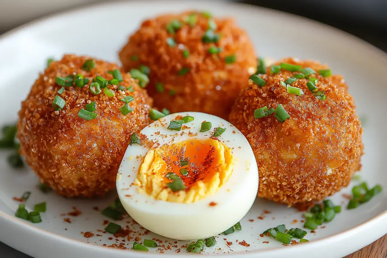 Delicious crispy Scotch eggs and fried deviled eggs with golden breadcrumb coating, garnished with fresh chopped chives and a soft-boiled egg center.