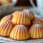Golden brown Madeleine cookies with a delicate shell shape, lightly dusted with powdered sugar, served on a floral-patterned plate.