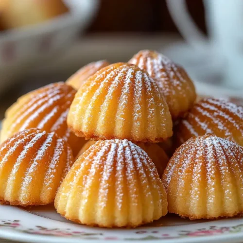 Golden brown Madeleine cookies with a delicate shell shape, lightly dusted with powdered sugar, served on a floral-patterned plate.