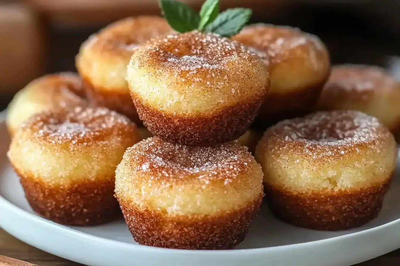 A plate of golden-brown fluffy cinnamon sugar muffin bites sprinkled with cinnamon sugar.