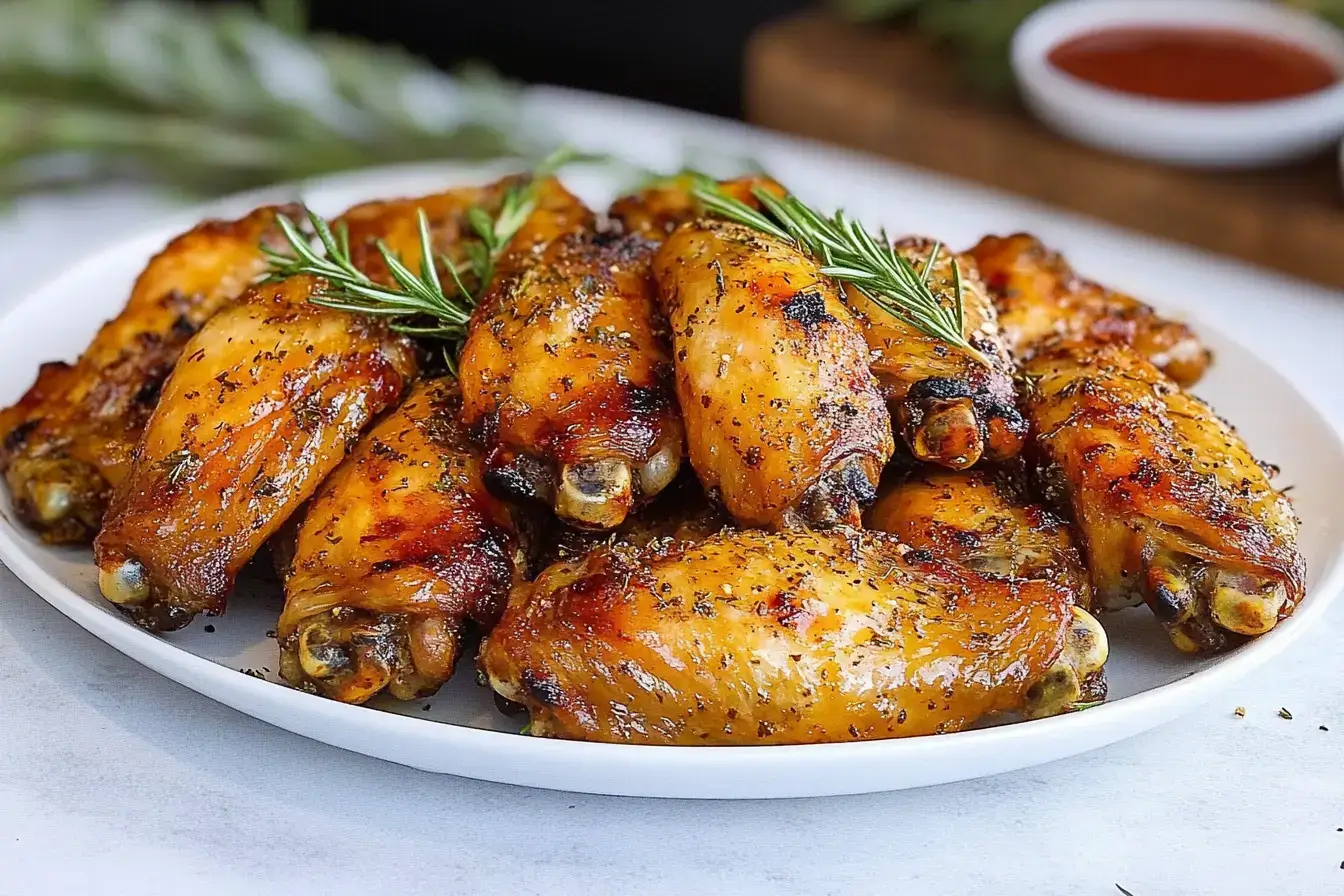 Crispy roasted herb chicken wings arranged on a white plate, garnished with fresh rosemary and served with a side of dipping sauce.