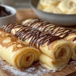Homemade French crepes rolled and drizzled with melted chocolate, served on a wooden board with powdered sugar.