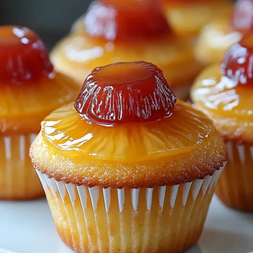 Golden pineapple upside-down cupcakes topped with caramelized pineapple rings and glossy maraschino cherries, served on a white plate.