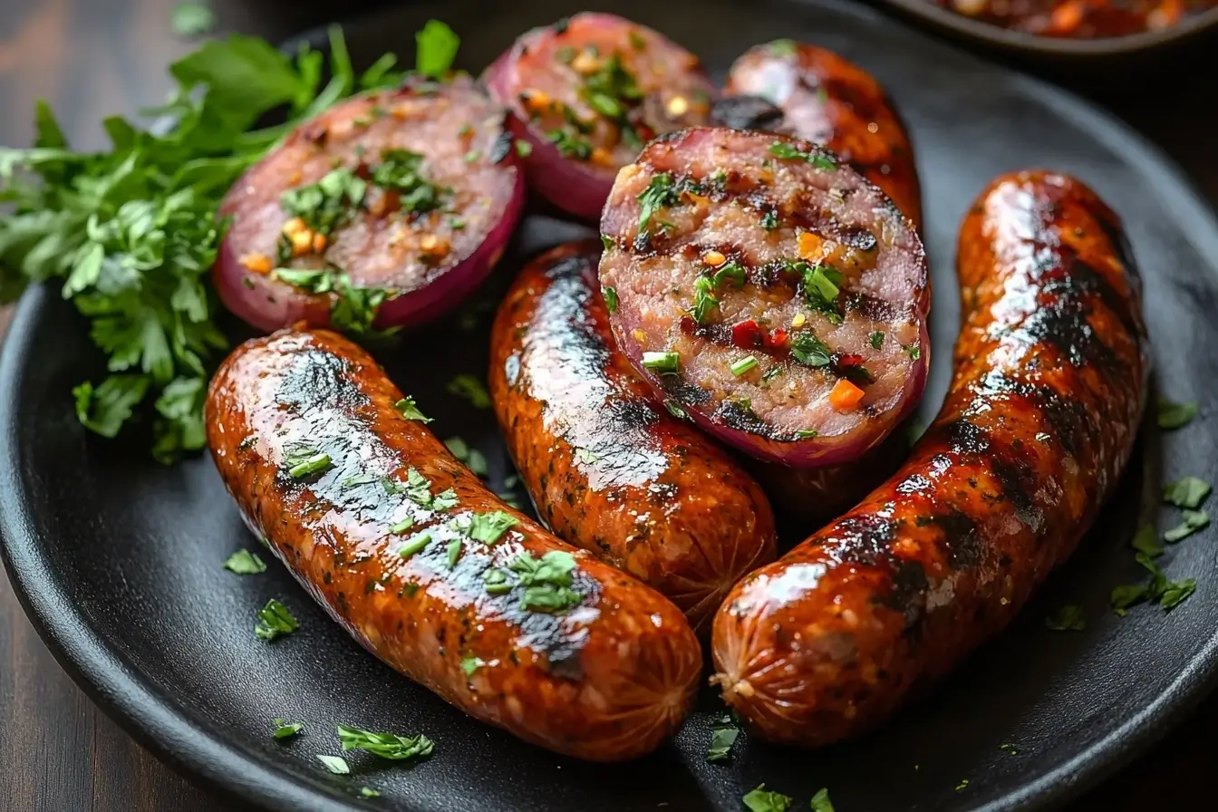 Juicy grilled smoked sausage with a golden-brown sear, garnished with fresh chopped parsley and served with grilled onions on a black plate.