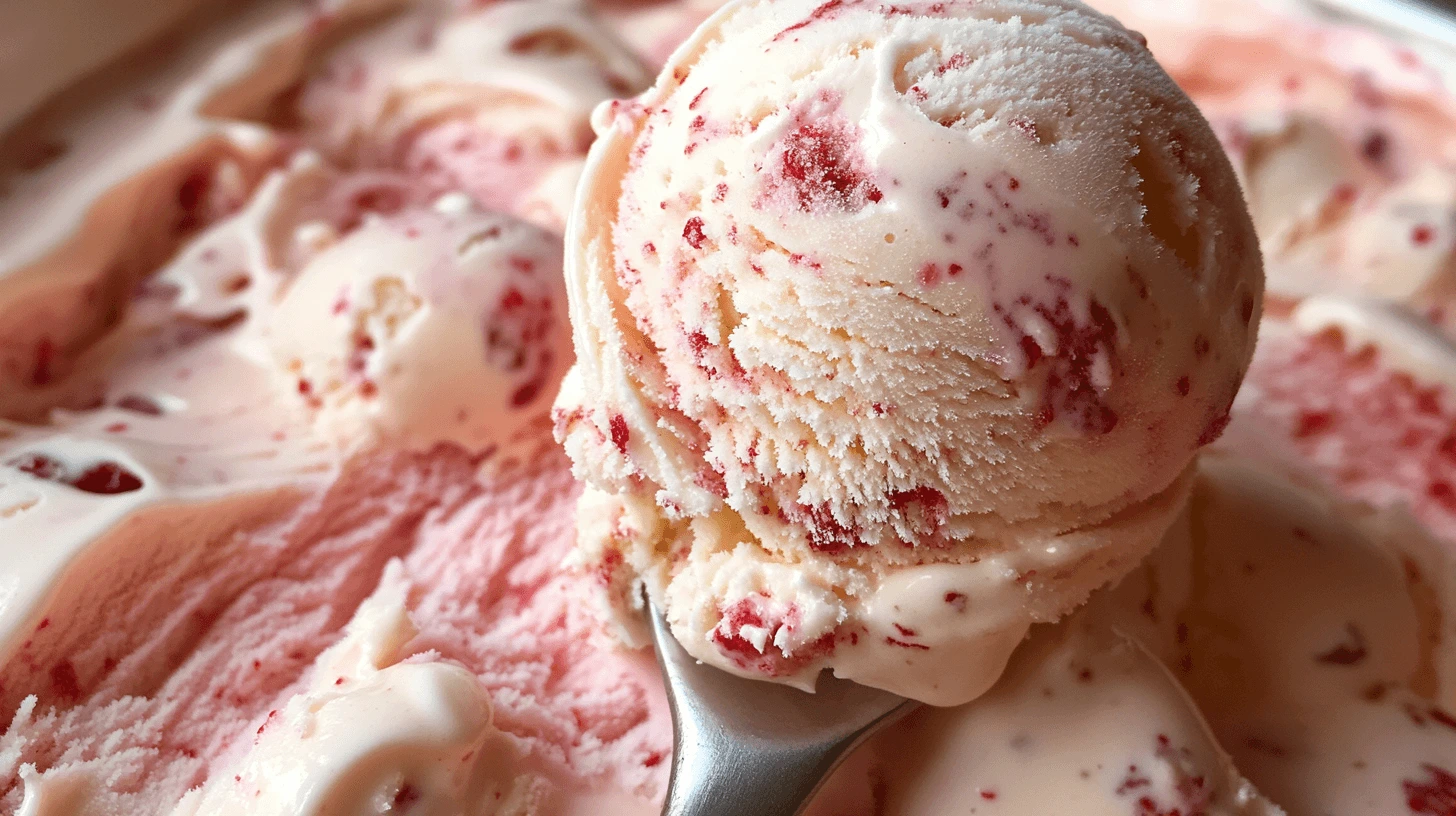 A creamy scoop of homemade strawberry ice cream with swirls of real strawberry chunks, resting on a silver ice cream scoop.