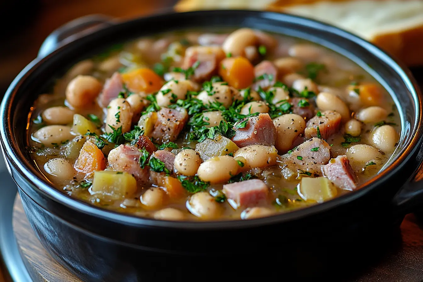 A bowl of Bean and Ham Hock Soup with fresh parsley.
